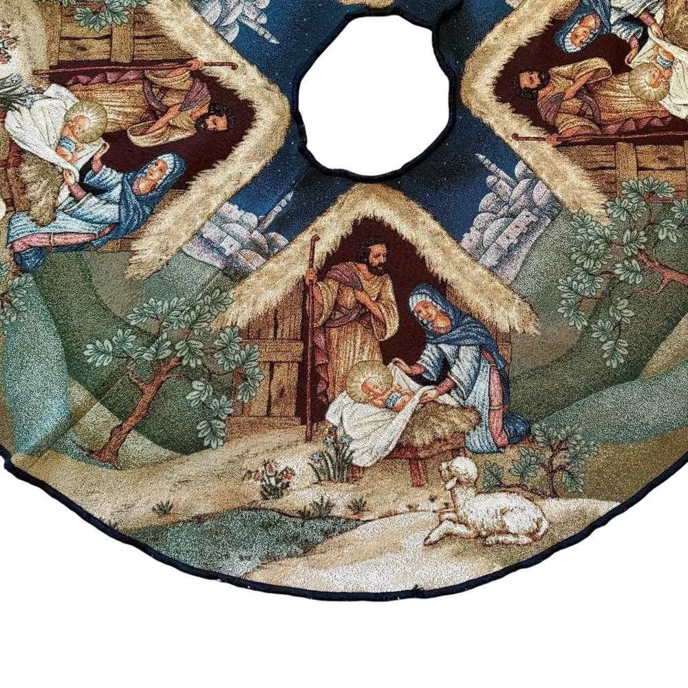Vintage Nativity Christmas Tree Skirt Tapestry Woven Blue‎ Trim Holiday Decor